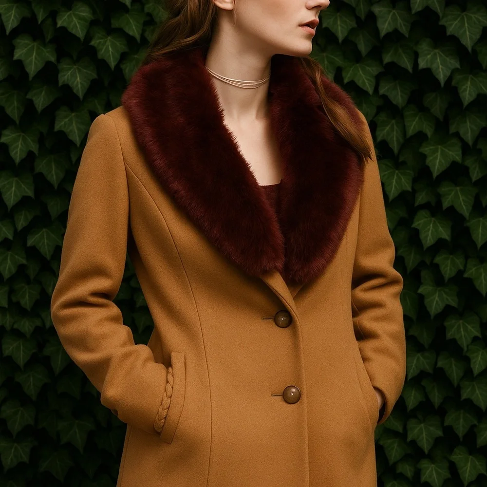 CANTONNIER Camel Colored Wool Blend Sienna Pea Coat with Faux Fur Collar…